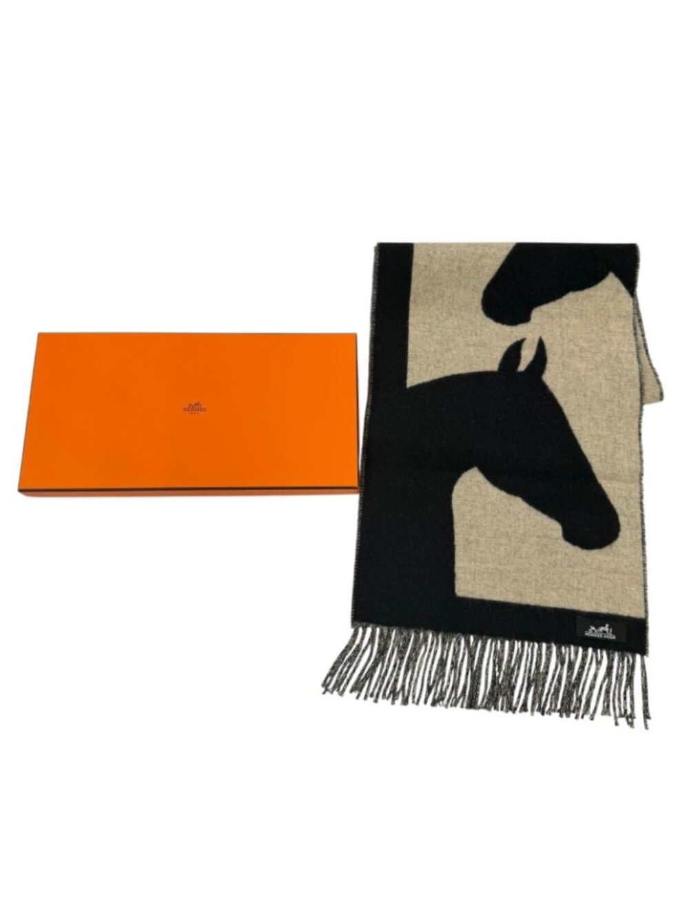 Hermes Love Story Scarf Cashmere with Fringe Horse Pattern Black Beige - Picture 2 of 10